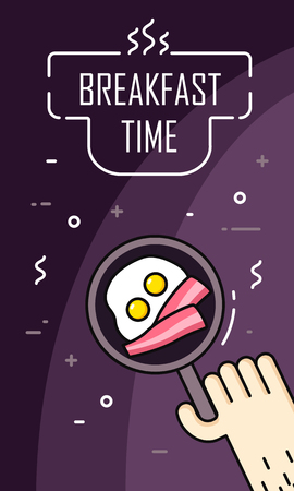 Hand fry eggs and bacon in a frying pan. Breakfast time banner in thin line flat design. Vector.のイラスト素材