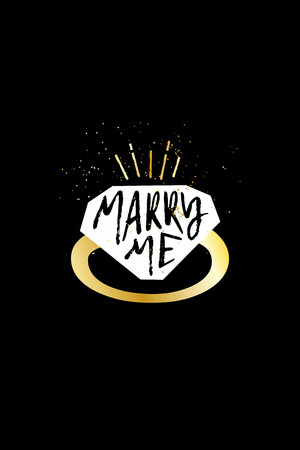 Wedding card with silhouette of a diamond ring and calligraphic text Marry me. Vector label on black background.のイラスト素材