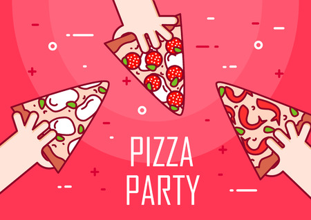 Illustration of hands holding a slice of pizza. Vector illustrationのイラスト素材
