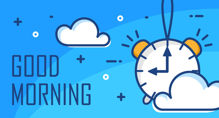 Good morning poster with alarm clock and clouds. Thin line flat design. Vector background.