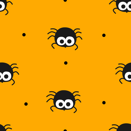 Happy Halloween pattern in polka dot with cute spider on orange background. Flat design. Vector seamless ornament.のイラスト素材