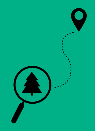 Magnifier with christmas tree and sign of geolocation. Flat design.のイラスト素材