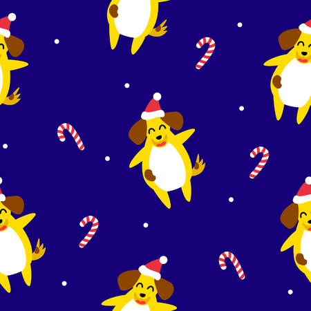 New Year pattern with yellow dog and christmas candy cane on blue background. Flat style. Vector.のイラスト素材