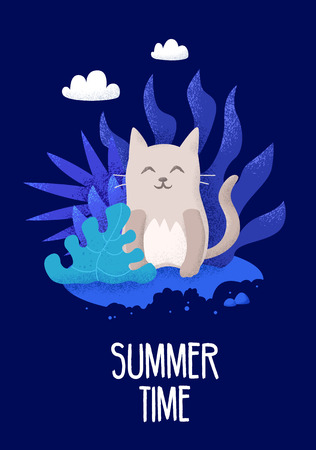 Summer card with cute cat and tropical plants on blue background. Vector banner.のイラスト素材