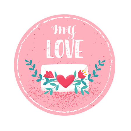 Happy Valentines day card with cute flowers and love mail on pink background. Vector sticker.のイラスト素材