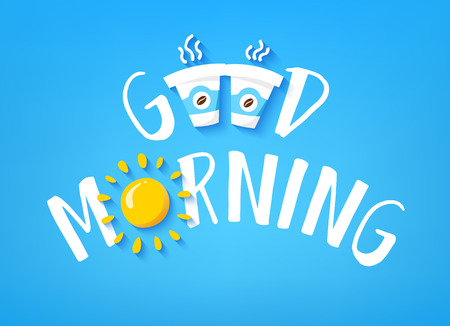 Good Morning banner with cute text, two cups of coffee and sun on blue background.のイラスト素材