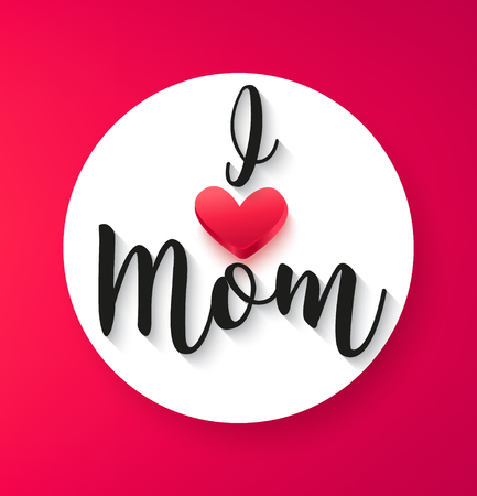 Greeting card for Mother's day with red heart and text I love Mom. Vector banner illustration.のイラスト素材