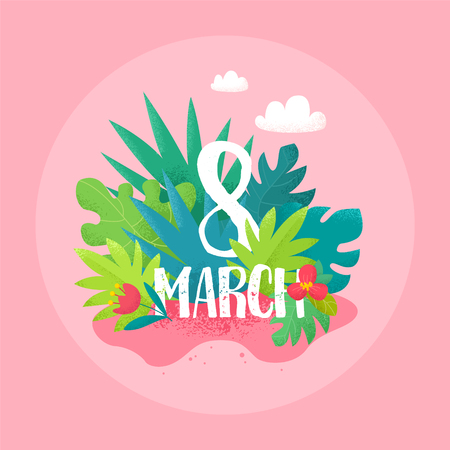 Cute greeting card for March 8 with tropical plant and clouds on pink background. Vector label.のイラスト素材