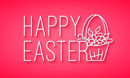 Happy Easter banner with text, basket and flowers in flat linear style. Vector greeting card.のイラスト素材