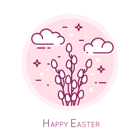 Icon with willow and clouds in a coloured circle. Thin line flat design. Vector banner.のイラスト素材