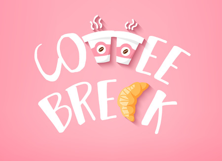 Coffee Break banner with text, croissant and two cups of coffee vector illustrationのイラスト素材