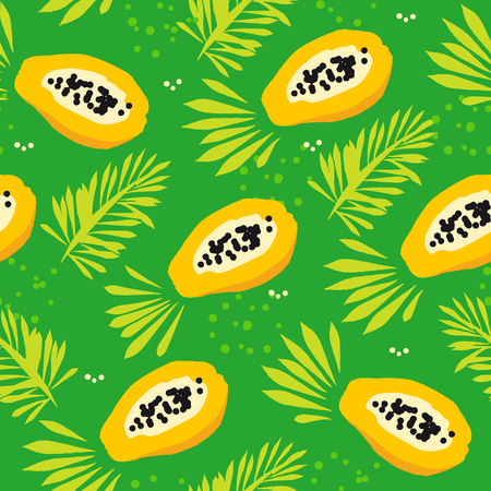 Summer pattern with papaya and palm branches on green background. Ornament for textile and wrapping.のイラスト素材