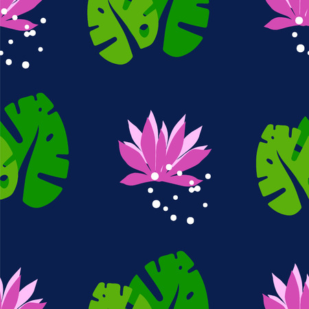 Natural seamless pattern with tropical leaves and lotuses on a dark background. Ornament for textile and wrapping. Vector.のイラスト素材
