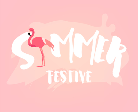 Summer festive banner with flamingo and text on pink background. Flat design. Vector card.のイラスト素材