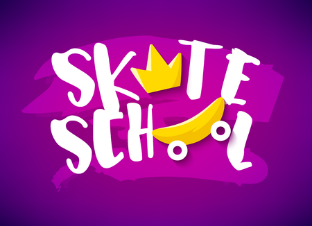 Bright summer banner with skateboard, crown and text on violet background. Flat design. Vector card.のイラスト素材
