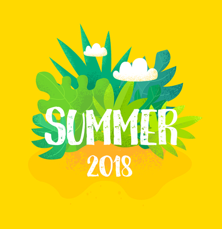 Cute card for summer season with tropical plants and clouds on yellow background. Vector label.のイラスト素材