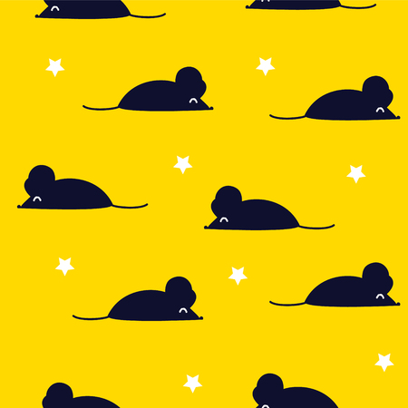 Cute pattern with black mouse and stars on yellow background. Ornament for textile and wrapping. Vector.のイラスト素材