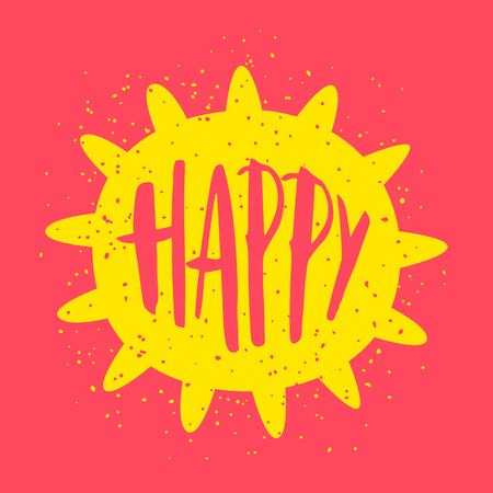 Summer card with sun and lettering text Happy on red background. Vector illustration.のイラスト素材
