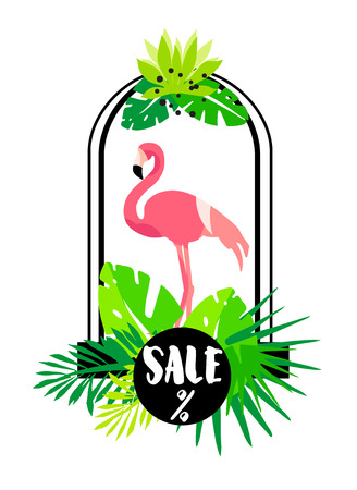 Summer card with flamingo, arch and tropical plants on white background. Flat design. Vector banner for sale.のイラスト素材