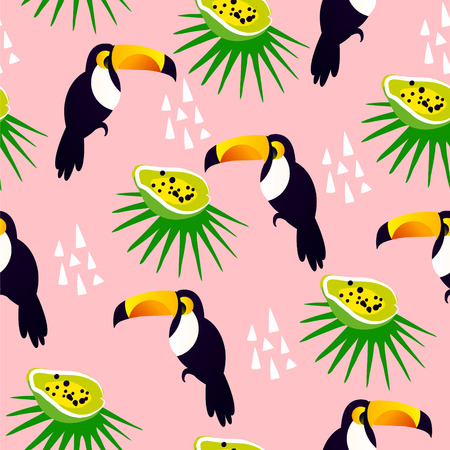 Abstract summer pattern with cute toucan, papaya and palm leaves on pink background. Ornament for textile and wrapping. Vector.のイラスト素材