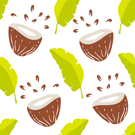Tropical seamless pattern with palm leaves and coconuts on white background. Ornament for textile and wrapping. Vector.のイラスト素材