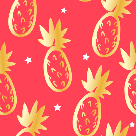 Cute pattern with golden pineapples and stars on red background. Ornament for textile and wrapping. Vector.のイラスト素材