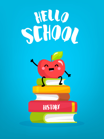 Cute cartoon apple sitting on stack of books. Back to school card. Vector.のイラスト素材