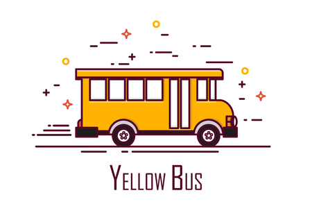 Yellow school bus on white background. Thin line flat design. Vector icon.のイラスト素材