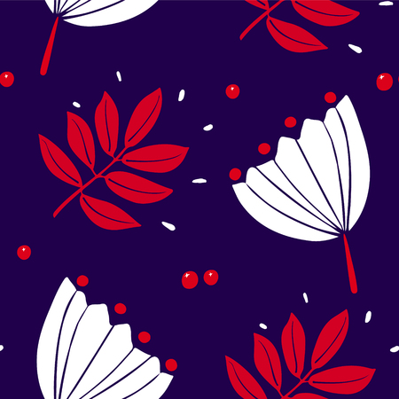 Cute pattern with rowan leaves, berries and white flowers on dark background. Ornament for textile and wrapping. Vector.のイラスト素材