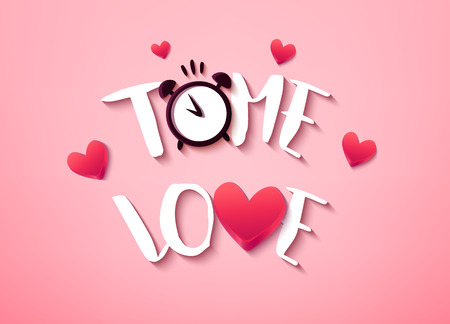 Happy Valentine's day card with text, hearts and alarm clock on pink background. Vector banner.のイラスト素材