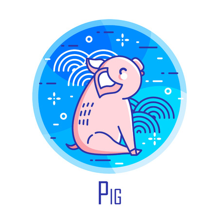 Holiday icon with pig and graphic elements in blue circle. Thin line flat design. Vector.のイラスト素材