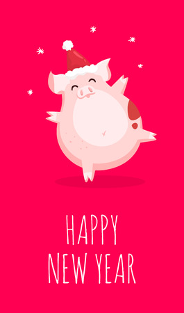 Happy New Year card with pig in christmas hat and snowflakes on red background. Flat style. Vector christmas card.のイラスト素材
