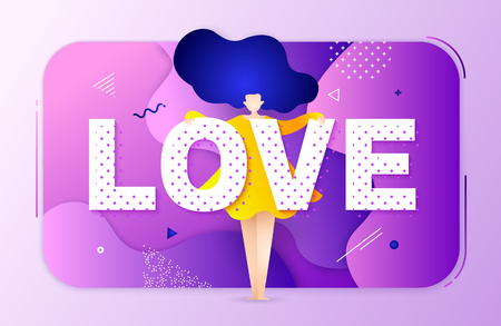 Cute illustration with girl, text love and graphic elements. Romantic card in trendy flat style and bright gradient colors. Vector banner.のイラスト素材