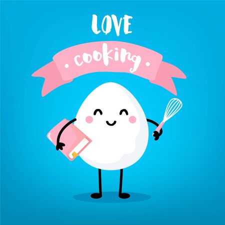 Ð¡artoon egg with book, mixer and pink ribbon on blue background. Cute vector card.のイラスト素材