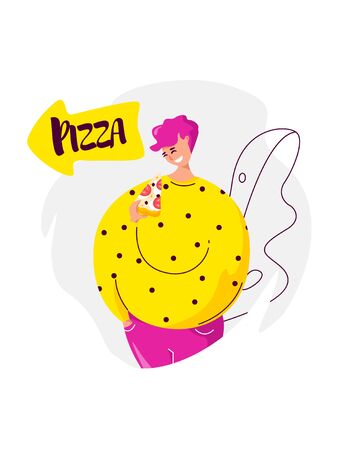 Cartoon young man with slice of pizza and arrow points to the fast food cafe. Vector banner in flat linear style.のイラスト素材