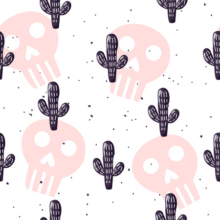 Seamless pattern with cactuses and skulls on white background. Ornament for textile and wrapping. Vector mexican banner.のイラスト素材