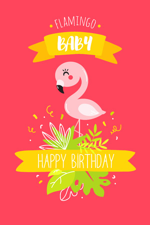 Cute baby flamingo with ribbon and tropical plants on red background. Happy Birthday card. Vector.のイラスト素材