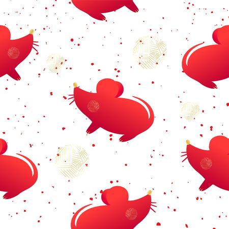 Holiday pattern with red mouse in flat design on white background. Ornament for textile and wrapping. Vector.のイラスト素材