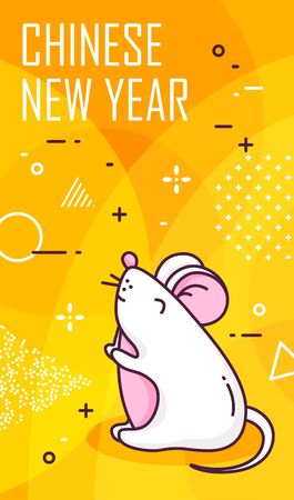 Chinese New Year card with white rat and geometric elements on yellow background. Thin line flat design. Vector.のイラスト素材