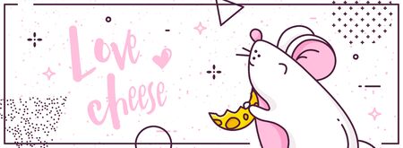 Greeting card with white rat, piece of cheese and geometric elements on white background. Thin line flat design. Vector banner.のイラスト素材