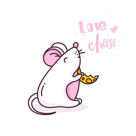 Greeting card with white rat and piece of cheese on white background. Thin line flat design. Vector.のイラスト素材