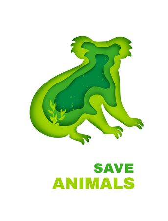 Save animals in Australia concept banner. Green silhouette of koala in paper cut style. Vector illustration.のイラスト素材