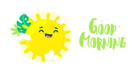 Good morning card with cute sun and palm leaves. Flat style. Vector card.のイラスト素材