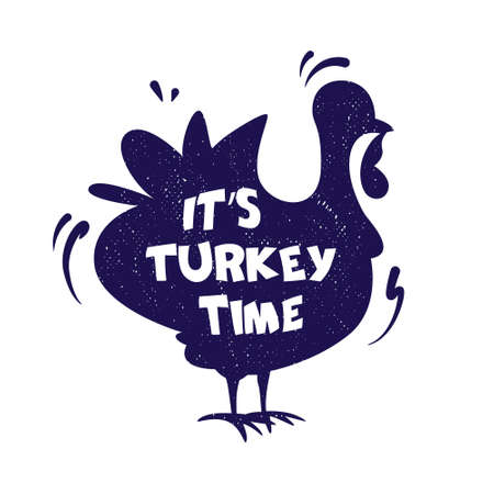 Holiday card with silhouette turkey and lettering text. Vector sticker.