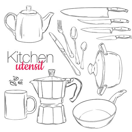 Vector hand drawings crockery and kitchen utensils.の写真素材