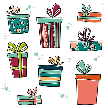 set of colorful gift box with colored doodle or hand drawn style isolated on white backgroundのイラスト素材
