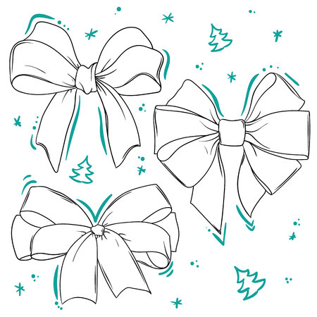 Set of three different beautiful bows. hand-drawn line illustration isolated on white background with decorative elementsのイラスト素材