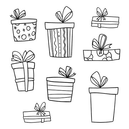 set of colorful gift box with doodle or hand drawn style isolated on white backgroundのイラスト素材