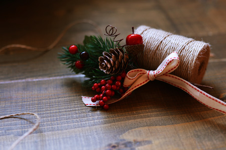 Christmas decorations on wooden tableの写真素材