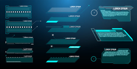 Digital callouts titles HUD, UI, GUI futuristic user interface screen elements set. callout titles. Callout bar labels, information call box bars and modern digital info boxes layout templates.のイラスト素材